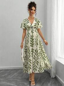 Momance Maternity All-Over Print Shirred Casual Short Sleeve Dress - Green - View 4
