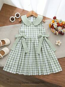 Cozy Pixies 女童格子图案翻领无袖束腰连衣裙，百搭舒适 - 綠色 - 查看 9