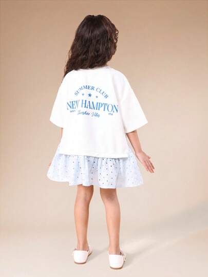 SUMWON Girls Summer Club New Hampton Print White Crew Neck Short Sleeve Sweatshirt With Polka Dot Ruffle Hem Detail
