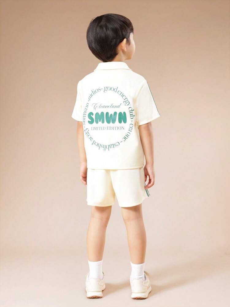 Collared Shirt And Shorts Set With Text Print