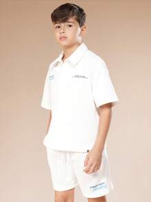 SUMWON Newport Club Boys Polo Shirt And Shorts Co-Ord Set With Palm Tree Logo Print Summer Casual Two Piece Outfit - White - View 3