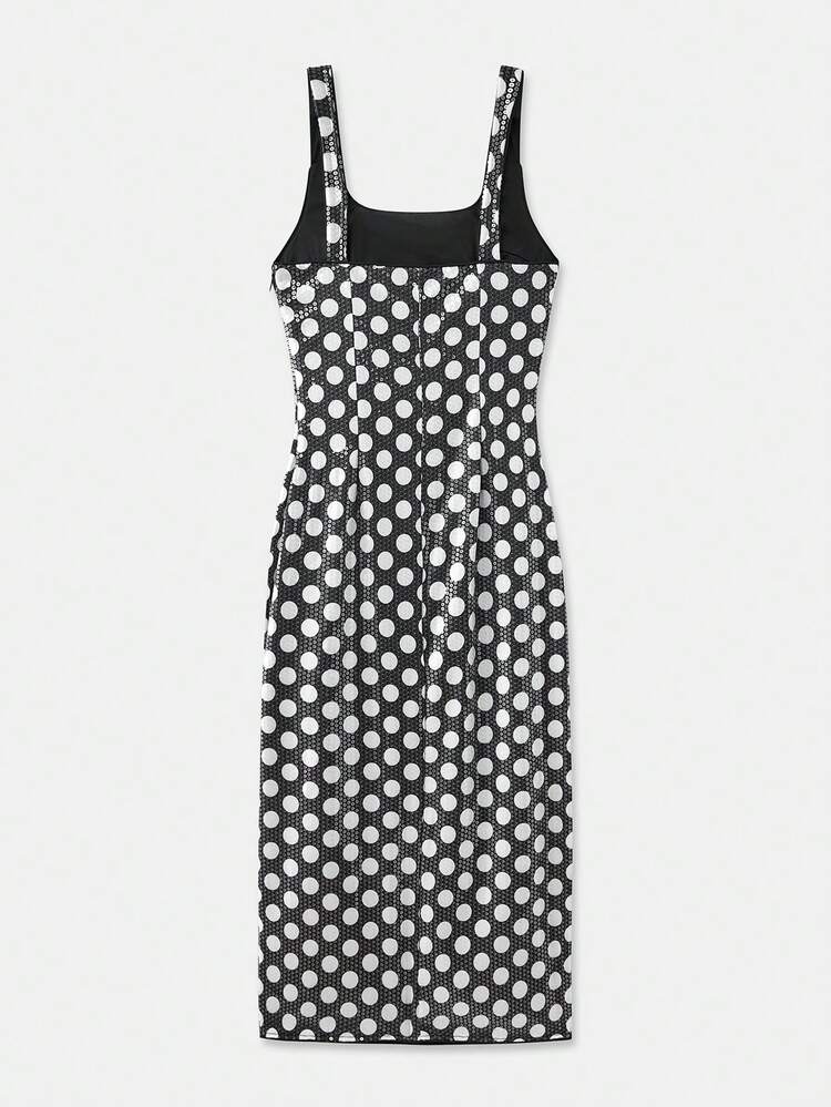 Polka Dot Sequin Square Neck Strappy Midi Dress Party Dress Spring Women Clothes Spring Dress Premium Dress Party Dress Going Out Dress  New Year Party Outfits French Style Parisian Style