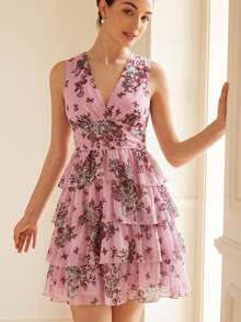 BELROSIE French Retro Elegant V-Neck Sleeveless Ruched Waist Multilayer Ruffled Contrast Color Floral Print Chiffon Mini Dress For Women - Dusty Pink - View 4