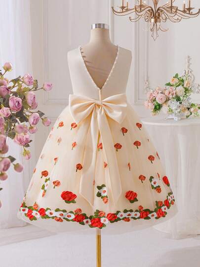 Glamorique Kids Tween Girl Champagne Formal Dress, Sleeveless Satin Dress With Mesh, Embroidery, V-Back, Handmade Beaded Big Bow, Floral Embroidery, Children's Birthday Party Wedding Guest Dress, Holiday Princess Dress