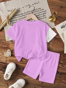 SHEIN X Care Bears 少女T恤短裤套装 - 白色 - 查看 2