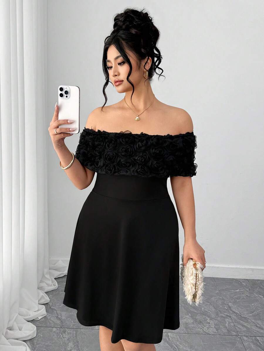 Elenzga Plus Size Women Off-Shoulder Floral Decor Elegant Waist Cinched Party Dress - Black - View 1