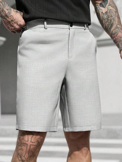 Manfinity CasualCool Men's Casual Slanted Pocket Shorts, Business Formal Shorts, Loose Fit, Knee-Length, Cool, Solid Color, Basic Summer Style.Men Old Money,Daily Leisure, Weekend Trips, Outdoor Activities, Travel Expeditions, Relaxed Work Environments Or Semi-Formal Occasions, Boyfriend/Husband Gift, Anniversary /Birthday Gift Party Summer Vacation Holiday,Wedding,Spring To Summer,Easter,Mens Casual Light Grey Shorts For Summer Comfort,Grey Shorts For Men,Men Dress Shorts,Shorts For Men Zipper,Shorts For Work,Streetwear Men Shorts