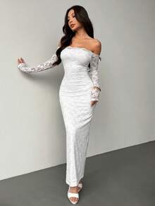 SHEIN PETITE Đầm ngắn tay dài trễ vai phối ren dành cho nữ, đầm hè, quần áo mùa xuân. - trắng - Xem 5