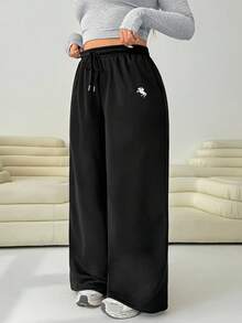 SHEIN CURVE+ Loose Fit Coffee Colored Corduroy Wide Leg Plus Size Women's Pants With Drawstring Waist And Pockets For Comfort, Brown Pants Corduroy Pants Wide Pants Loose Pants - Black - View 4