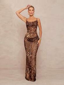 Lumalex 经典咖啡棕色豹纹深V领无袖透视修身鱼尾连衣裙，饰有系带细节 - 卡其色 - 查看 5