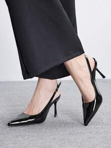 CUCCOO BIZCHIC Damen schwarze Lackleder spitze Zehen Stiletto Absatz rückenfreie modische sexy High Heels - Schwarz - Übersicht 4