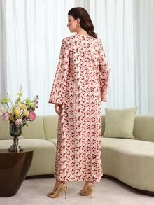 Al Najma Middle Eastern Style Cotton Crinkle Print V-Neck Slimming Arabic Dress - Multicolor - View 2