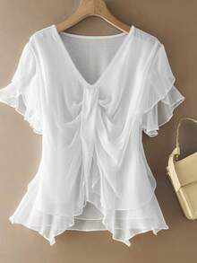 Nubod 2026 Fashion Casual Resort Wear Versatile Minimalist Everyday Plus Size Solid Color Short Sleeve V-Neck Chiffon Shirt With Front Pleats Women's Beach Top - White - View 1