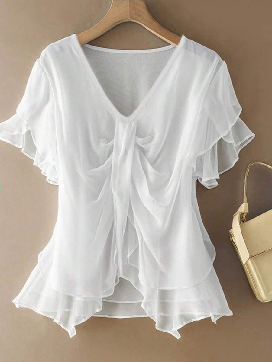 Nubod 2026 Fashion Casual Resort Wear Versatile Minimalist Everyday Plus Size Solid Color Short Sleeve V-Neck Chiffon Shirt With Front Pleats Women's Beach Top - White - View 1