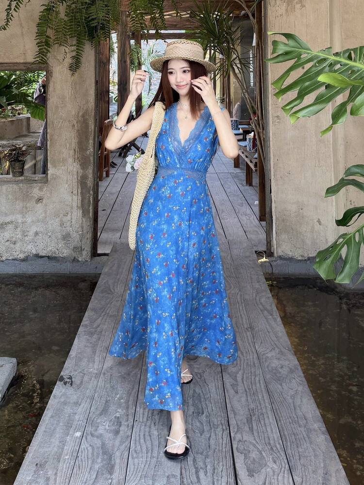 Women's Floral Lace Patchwork V-Neck Spaghetti Strap Midi Dress Boho