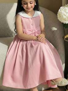 SHEIN Tween Girl Elegant Gold Button White Color Block Collar Big Bow Pink Sleeveless A-Line Dress,Pink And White Striped,Summer,Elegant,Party Wear Vintage - Pink - View 10