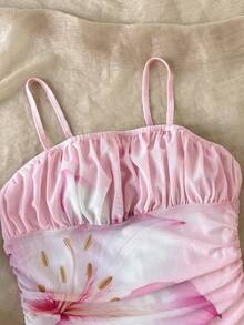 SHEIN 粉色少女碎花荷叶边吊带连衣裙 - 粉色 - 查看 4