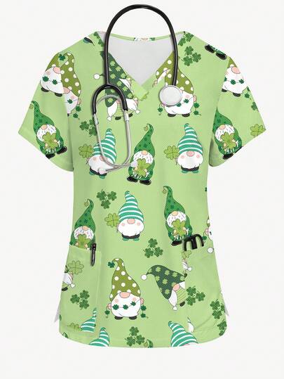 PopScrub Blusa de uniforme de enfermera verde con estampado de enanito y trébol, camisa de pijama médico de cuello en V y manga corta, uniforme de enfermería de moda para mujeres, adecuado para días festivos y uso diario, primavera/verano