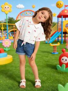 SHEIN Young Girl Vacation Beach Casual Versatile Embroidery Hollow White Loose Short Sleeve Blouse,Holiday,Summer,Travel - White - View 1