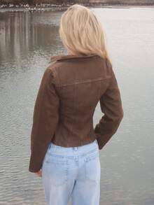 Sydney Algeri 水洗漂白牛仔拼接拉链翻领夹克，仅限秋季，复古乡村风，可爱又时髦，适合返校季穿着，休闲居家外套，女款，奶油糖色，冬日时尚。 - 棕色 - 查看 2