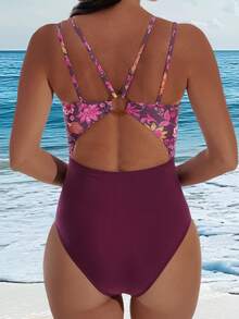 Swim Lushoire 新款春夏印花撞色深V领交叉露背连体泳衣 - 彩色 - 查看 4