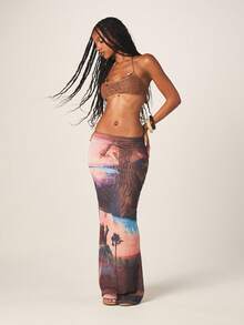 MISSGUIDED Tropical Sunset Palm Tree Print Maxi Skirt Bohemian Beach Summer Vacation Long Skirt Casual Flowy Evening Wear - Multicolor - View 1