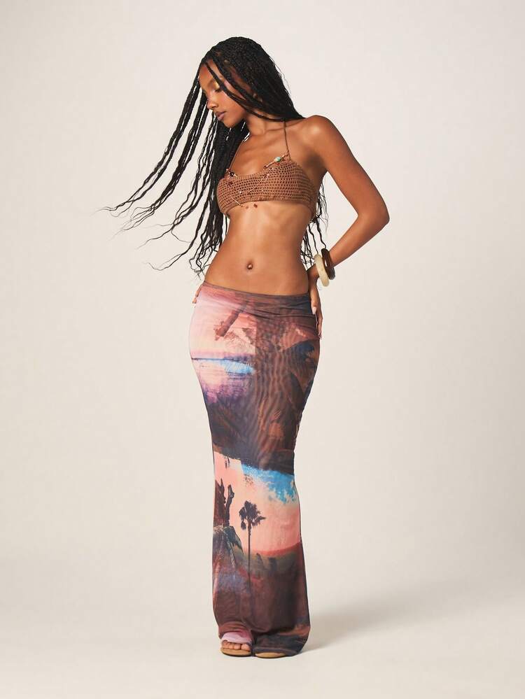 MISSGUIDED Tropical Sunset Palm Tree Print Maxi Skirt Bohemian Beach Summer Vacation Long Skirt Casual Flowy Evening Wear