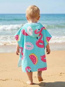 Infant/Toddler Boys' Blue Background Pink Flamingo Print Hooded Cover Up Swimwear, V-Neck Hooded Cape, Infant/Toddler Wearable Towel, Beach Coverup, Essential For Bath, Swimming Toddler Swim Cover Up - Multicolor - View 2