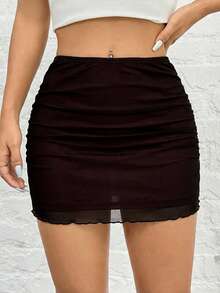 SHEIN EZwear 女士夏季性感日常通勤高腰网纱拼接荷叶边修身紧身裙 - 彩色 - 查看 6