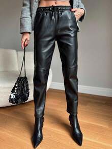 SHEIN Petite Women Drawstring Waist PU Leather Pants - Black - View 1