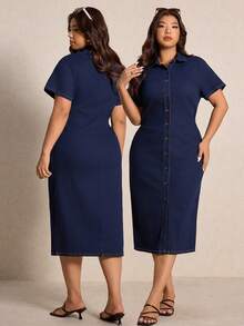 Elaquor Plus Size Casual Commuter Front Button Fitted Denim Dress - Dark Wash - View 2