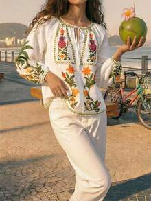 CAJUNI Women's Floral Print Front Tie Raglan Sleeve Casual Shirt - Apricot - View 4