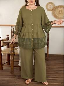Lacomfia Plus Size Women's Lace Trim Patchwork Blouse Top,Army Green,Summer,Country,Tropical,Tea Party, Al-Adha,Round Neck Long Sleeve Button Front Outfits - Army Green - View 3
