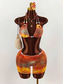 Amplova 女士扎染印花三件套性感泳装套装，可爱迷你串珠系带细节，适合度假、春夏穿着 - 彩色 - 查看 1