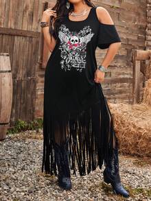 Ceyna Plus Size Spring/Summer Knit Jacquard Off-Shoulder Long Tassel Dress Skull Graphic Dress Fringe Dress Western Dress Rock Style Dress Rock Festival Outfits Women Cowgirl Outfit For Women Boho Outfit For Women Wild West Outfit Women Boho Chic Women's Clothing - Black - View 7