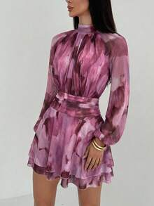 Aloruh 女士新款秋冬长袖修身A字伞裙，青春活力户外、约会、教师装，浪漫紫色扎染网纱印花立领系腰连衣裙 - 藕粉色 - 查看 5