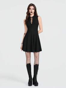 Breakform 女士哥特式性感针织罗纹面料深V系带紧身迷你连衣裙 - 黑色 - 查看 4