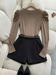 SHEIN Franclia Women's Casual And Elegant Coffee Brown Square-Neck Puff-Sleeve Ribbed Slim-Fit Top+Black Short Loose Culottes With Belt,Suitable For Daily Wear Party And Romantic Dates,Vacation Short Skirt Belted Skirt Top And Skirt Set Puff Sleeve Top Tops For Women Elegant Puff Sleeve Top Women Full Sleeve Tops Blouses For Women Elegant For Party Women's Skirt And Top Set Women Elegant Outfits Tops For Women Elegant Classy Women's Long Sleeves Tops Office Dresses For Ladies - Coffee Brown - View 2