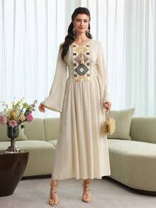 Yasmyna Women's Brown Woven Jacquard Long Sleeve Embroidered Tie-Waist A-Line Fringe Pendant Elegant Romantic Turkish & Arabic Traditional Maxi Dress, Spring/Summer - Apricot - View 6