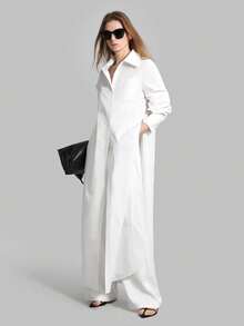 Ontre 2026 Spring/Summer Women's Solid Color White Side Slit Long Sleeve Shirt, Minimalist Elegant Urban Chic Casual Commute Blouse, Suitable For Office, Wedding Guest, Holiday, Fashion Versatile Women's Shirt - White - View 12