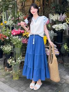 DAZY 女士V领韩版度假衬衫半裙两件套 - 藍白色 - 查看 6