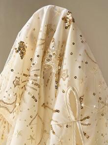 TRNVIE Summer Casual Vacation White Women's Apricot Beaded Star Sequin Deep V Neck Hollow Waist A-Line Dress, Suitable For Beach, Vacation, Casual Party, Music Festival - Gold - View 8