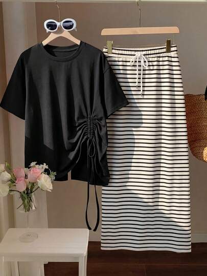 Sweetra Plus Size Casual Drawstring Short Sleeve T-Shirt + Minimalist Striped A-Line Skirt 2 Piece Set Two Piece Set Women Skirt Two Piece Set Women Short Sleeve Drawstring Dress Two Piece Summer Set Skirt Japandi Style Clothing Two Summer Set Skirt