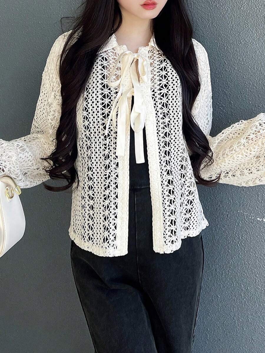 FRIFUL Women's Fashionable Casual Hollow Out Knitted Long Sleeve Top - White - View 1