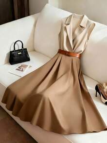 Franclia Women's Elegant Minimalist Collared Sleeveless Waist Cinched Khaki Patchwork Flared Hem Casual Maxi Shirt Dress, Summer - Khaki - View 1