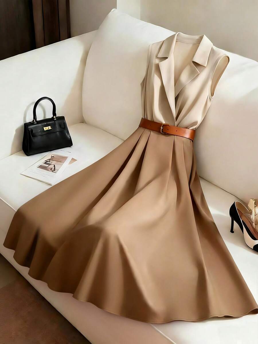 Franclia Women's Elegant Minimalist Collared Sleeveless Waist Cinched Khaki Patchwork Flared Hem Casual Maxi Shirt Dress, Summer - Khaki - View 1