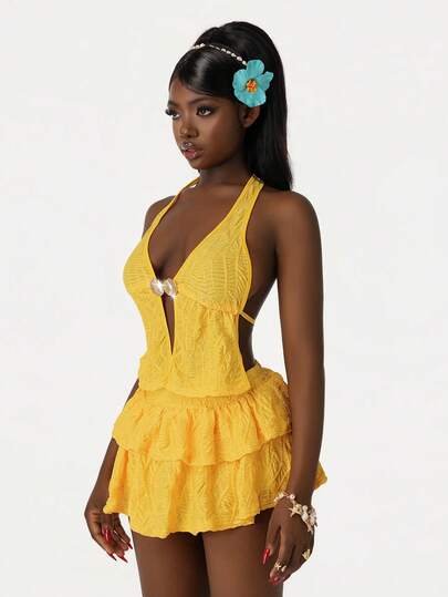 Amplova Women's Sexy V-Neck Metallic Decor Halter Neck Ruffle Backless Solid Color Textured Fabric Camisole, Suitable For Beach, Holiday, Date, Afternoon Tea, Music Festival, Boho Style