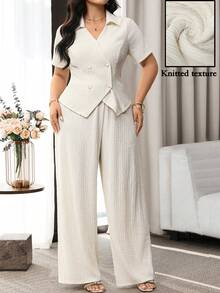 Modelyn 大码女装两件套，休闲日常工作服，简约纯色纹理面料双排扣开衫上衣搭配阔腿裤，春夏秋季皆宜 - 杏色 - 查看 9