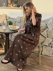 Livesso Women's Minimalist Printed V-Neck Short Sleeve Dress - Brown - View 2