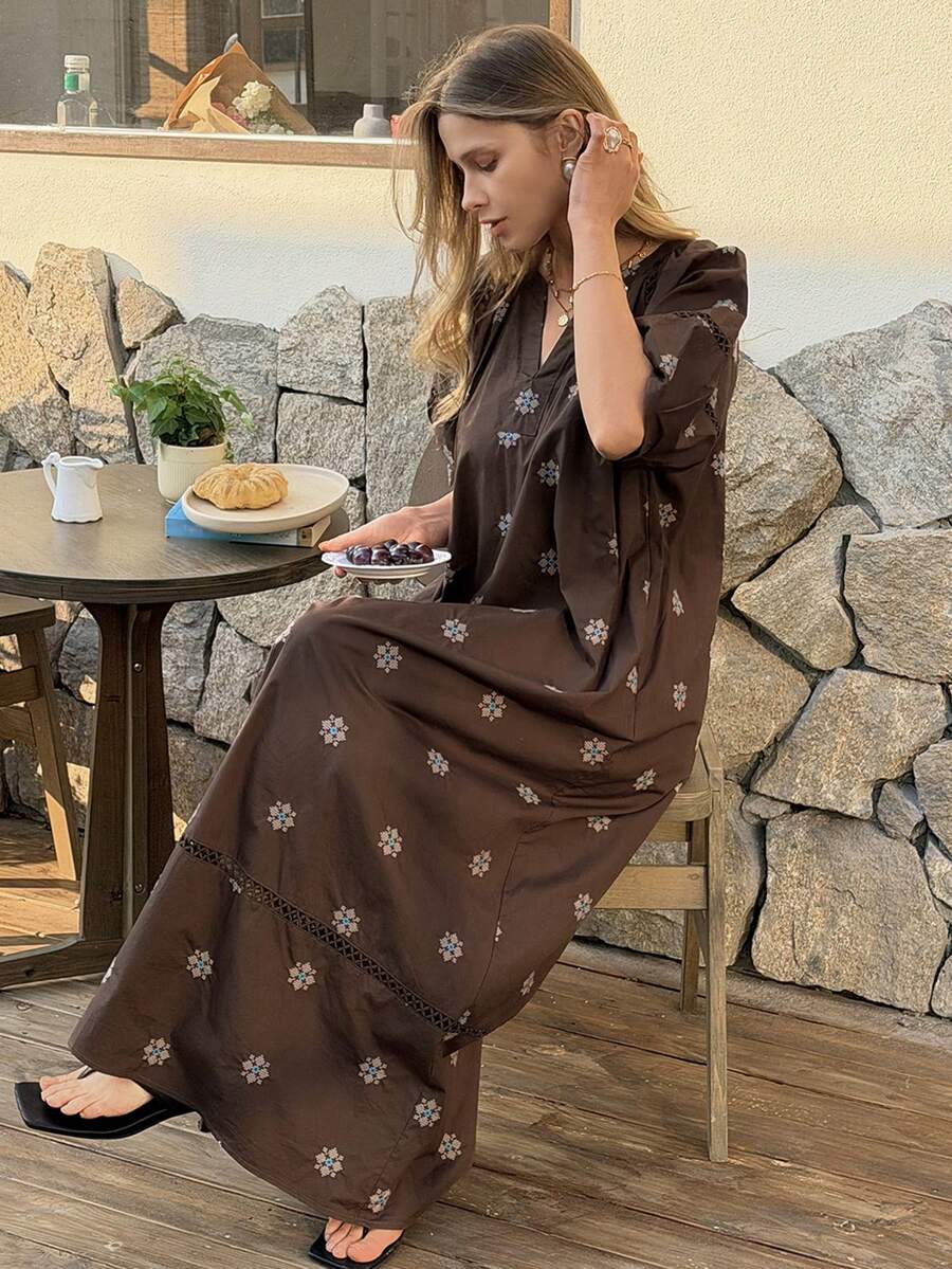 Livesso Women's Minimalist Printed V-Neck Short Sleeve Dress - Brown - View 1